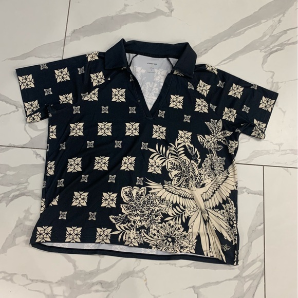 Johnny Was Bee Active Boxy Polo Shirt Women's Sz Medium Collared Black/White - Picture 1 of 9